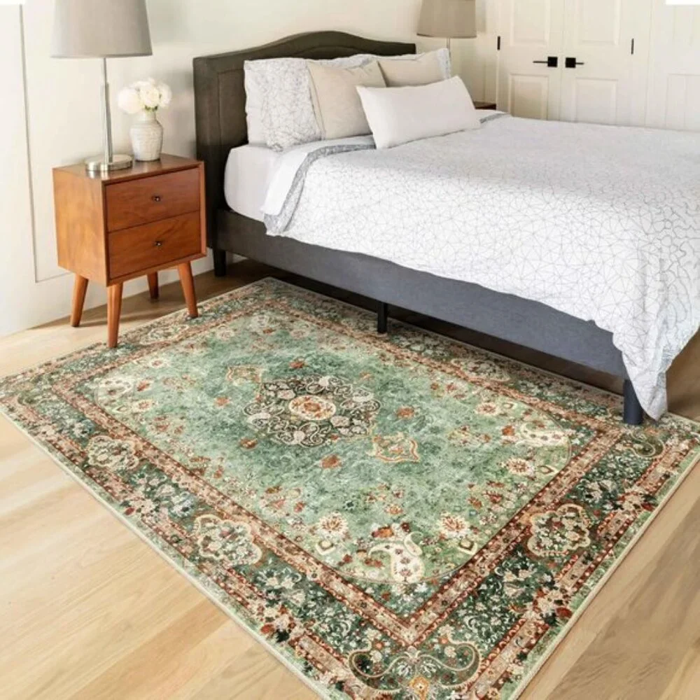 New 3x5 Green Area Rug, Washable Vintage Distressed Non-Slip Carpet for Home